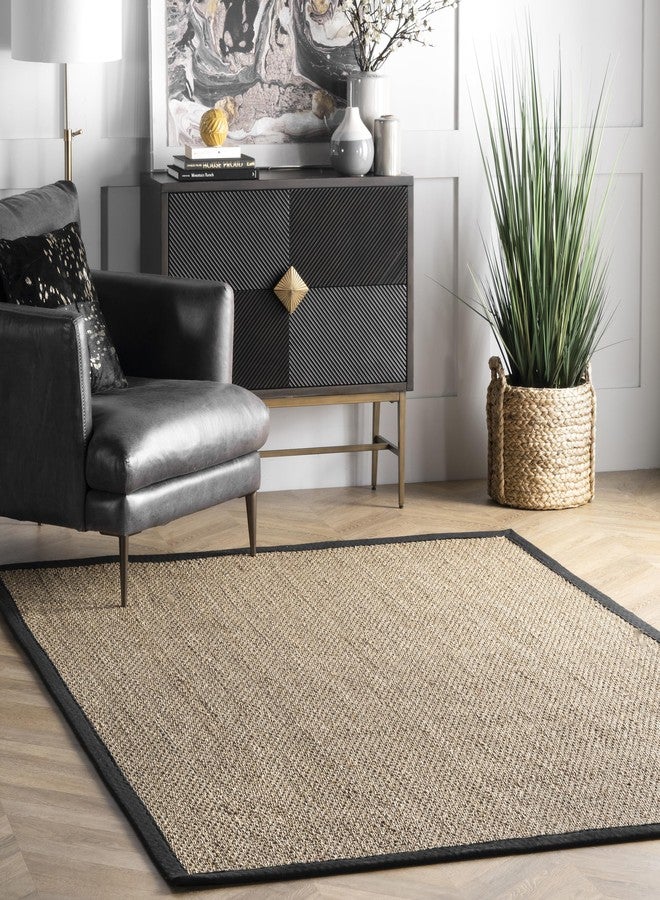 nuLOOM 3x5 Elijah Seagrass Area Rug, Black, Solid Farmhouse Style, Cotton Bordered, Basketweave, Natural Fiber, For Bedroom, Dining Room, Living Room, Hallway, Office, Kitchen, Entryway - Image 1